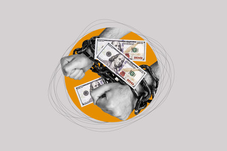 Composite trend artwork sketch image photo collage of money rich success hand arm wrist wear handcuffs money dollar usd motivationの写真素材