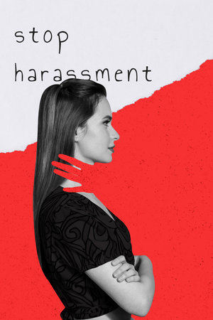 Vertical photo collage of serious girl activist hand choke neck stop sexual harassment resistance feminism isolated on painted backgroundの写真素材