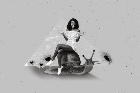 Collage photo of young attractive woman sitting sliding slither mollusk autumn fall season sunflower bloom field isolated on beige color backgroundの写真素材