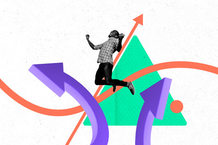 Creative photo poster trend art collage image of happy american guy jump arrow development concept career growth promotionの写真素材