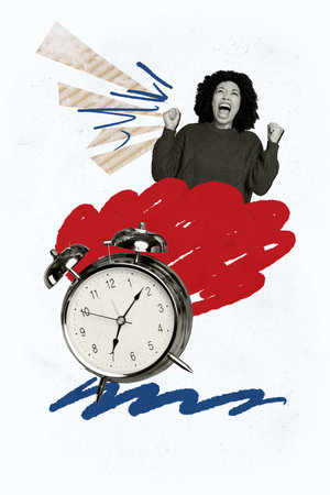 Vertical collage picture young stressed woman scream shout alarm bell time management countdown limit schedule regime miss lateの写真素材