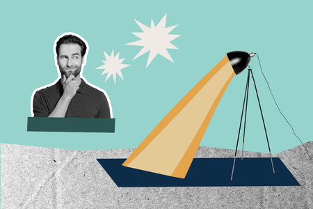 Creative photo poster trend art collage image of minded man electric think ray light bulb beam illumination apartment power blackoutの写真素材