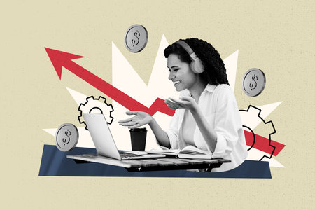 Trend artwork sketch image 3D photo collage of trader business job gear charts young lady work laptop earn money listen headphones meetingの写真素材