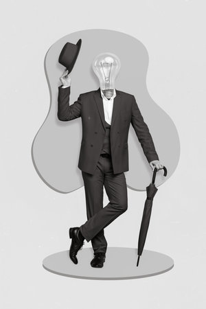 Vertical collage picture of dandy man wear red suit hand hold hat greeting light bulb instead head isolated on drawing backgroundの写真素材