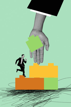 Trend artwork banner sketch 3D photo collage of young guy run ladder up lego blocks match hr business occupation entrepreneur officeの写真素材