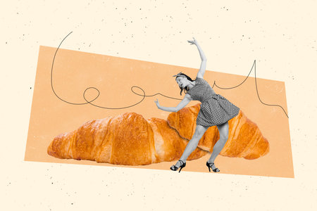 Photo cartoon comics sketch collage of happy pinup girl dance french puff dough croissant dessert nutrition crisp hungerの写真素材