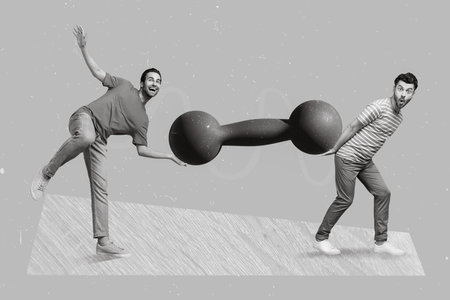 Creative collage image of two excited funny mini guys hold carry huge dumbbell isolated on drawing backgroundの写真素材