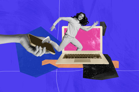 Composite art 3d creative image collage of happy girl it-specialist run laptop hand hold phone gadget technology addictionの写真素材