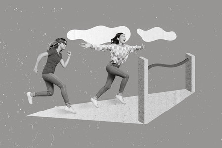 Collage photo of young fast running woman together hurry finish line career progress first place competition winner isolated on blue color backgroundの写真素材