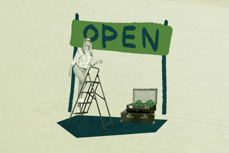 Poster trend sketch template 3D photo collage of salary trade cash economy challenge office graphics finance aged woman walk ladder bagの写真素材