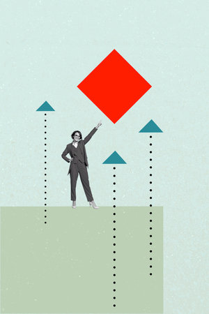Vertical sketch 3d artwork collage poster of happy businesswoman girl point square figure arrow...