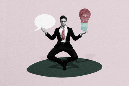 Composite photo collage of focused businessman meditation light bulb power idea strategy bubble talk isolated on painted backgroundの写真素材