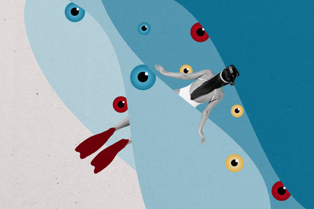 Composite creative art collage of anonym girl swim summer ocean eyes stare control mason eyeball isolated on painted backgroundの写真素材