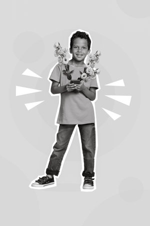 Collage photo poster of young preteen schoolboy hold his new apple iphone delivery blooming spring flowers isolated on blue color backgroundの写真素材