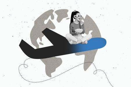 Composite photo collage of happy girl ride plane travel eat popcorn bowl wear 3d glasses movie globe planet isolated on painted backgroundの写真素材