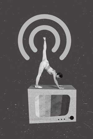 Vertical collage image of mini black white colors flexible girl stretching leg instead antenna receive tv signal isolate don creative backgroundの写真素材