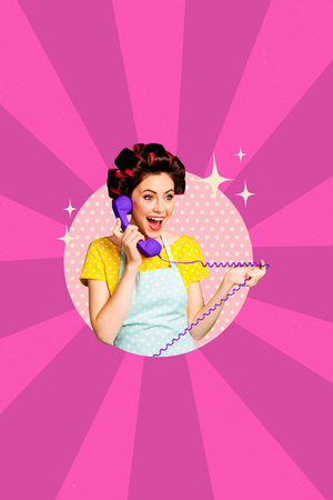 Composite sketch image design trend artwork collage of young lady housewife hairdo curls talk landline phone call news rumors wire lineの写真素材