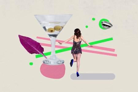 Composite photo collage of happy girl dance wear short shiny dress mouth smile martini cocktail party club isolated on painted backgroundの写真素材