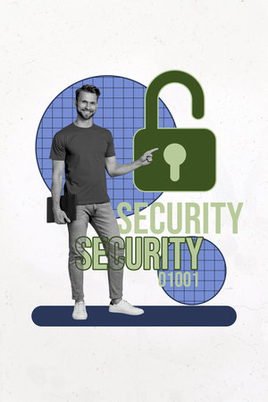 Vertical photo collage of happy man freelancer hold laptop point open lock software hacked access antivirus isolated on painted backgroundの写真素材