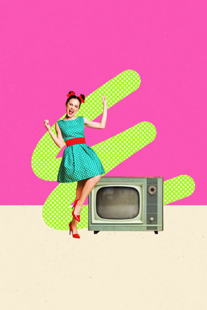 Trend artwork poster composite sketch image collage of young lady pinup style dance retro vintage dress tv propaganda broadcastingの写真素材