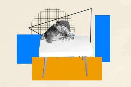 Contemporary poster trend art collage of sleepy businesswoman overworked tiredness lay table depression mood melancholy lonelinessの写真素材