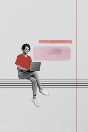 Vertical collage poster young woman freelancer remote worker textbox message communication digital device email chattingの写真素材