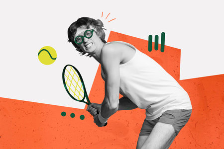 Composite creative art collage of serious man geek tennis player push ball ping pong activity sport isolated on painted backgroundの写真素材