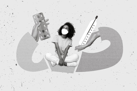 Creative collage picture of arms hold give mini black white gamma girl pills drugs thermometer isolated on painted backgroundの写真素材
