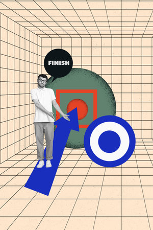 Trend artwork composite 3D photo collage design of goal graphics trader business hiring employment finish young guy show direction arrowの写真素材