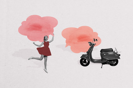 Composite trend artwork sketch image photo collage of young lady model posing dress hold chat speech cloud textbox app scooter ride travelの写真素材