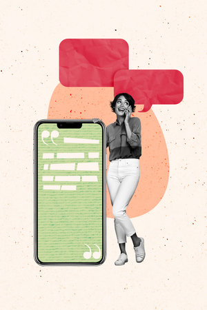 Composite trend artwork image photo collage of speech cloud chatting app social media textbox young lady stand huge smartphone call talkの写真素材