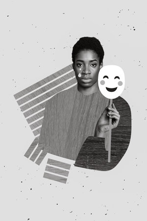 3d retro abstract creative collage artwork template of upset lady guy holding smiley face mask isolated painting backgroundの写真素材