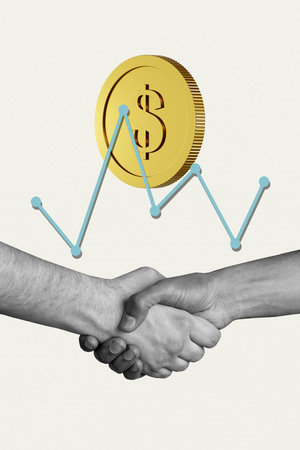 Composite artwork 3D photo collage trend template of earnings bank cash trade market gesture hand hold together handshake deal partnerの写真素材