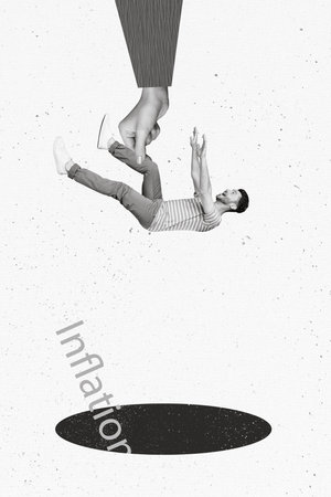 Creative 3d photo collage artwork graphics painting of arm putting guy inside dark inflation hole isolated drawing backgroundの写真素材