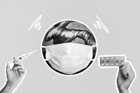 Creative photo 3d collage artwork postcard poster covid spread whole world be careful wear mask...