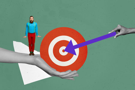 Creative collage picture young gentleman standing hand body fragment target goal achievement success...