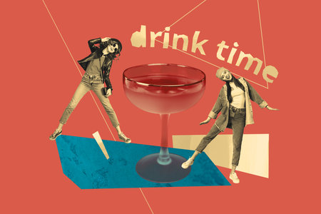 Creative photo poster trend art collage image of two happy girls dance cocktail glass martini pub occasion beverage drink time relaxの写真素材