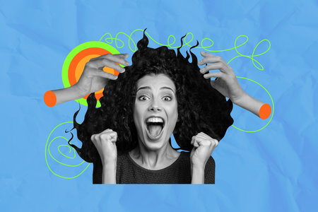 Composite trend artwork sketch image photo collage of young lady emoji face scream happy fist up...