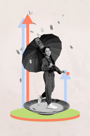 3D photo collage template trend artwork composite of young lady walk hand hold umbrella protect cash fly currency economy trade financeの写真素材