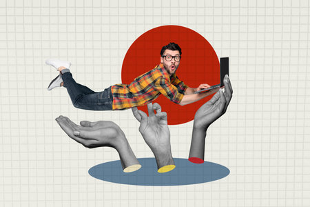 Collage picture young man wow shocked reaction 3d hands body fragments browsing laptop digital device remote worker drawing backgroundの写真素材