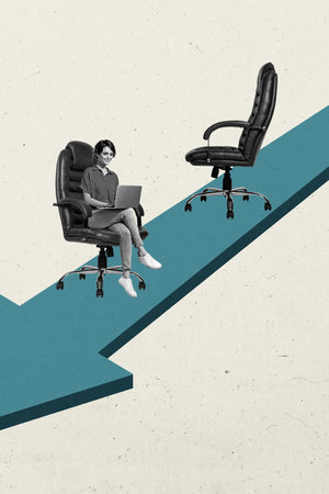 Vertical sketch 3d artwork collage poster of inexperienced freelancer girl sit chair arrow decline bankrupt problem inflation recessionの写真素材