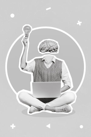 Vertical collage image of black white gamma girl use netbook brain instead head arm hold light bulb isolated on painted backgroundの写真素材
