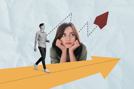 Creative collage image young man walk go paper airplane correspondence arrow direction woman...