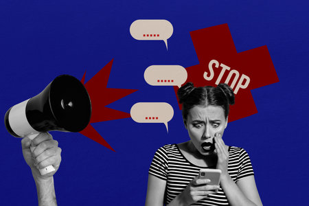 Composite trend artwork sketch image photo collage of poster stop harassment abuse cyberbullying...