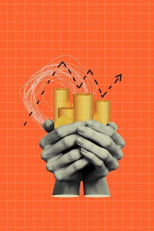 Poster image vertical photo collage of hands hold coin income banker savings arrow development...
