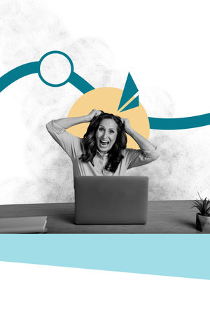 Vertical photo collage of crazy angry old businesswoman tear hair laptop office freelancer graph...