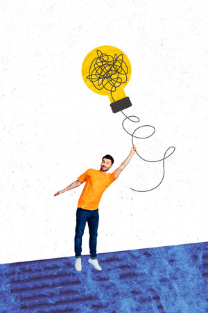 Composite trend artwork 3D sketch image photo collage of idea light bulb lamp creative brainstorming young guy small stand hand hold ropeの写真素材