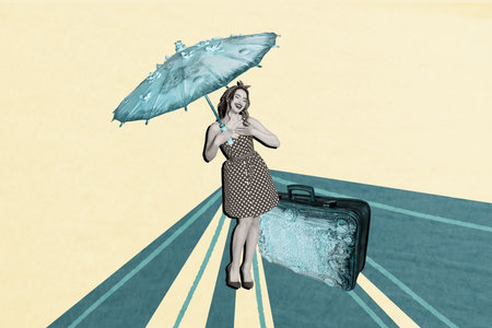 Composite image montage trend artwork 3D collage of travel moving summer vacancy world culture young woman pinup style hold asian umbrellaの写真素材
