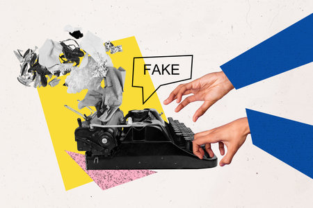 Creative collage hands body fragments typing vintage oldschool machine fake news propaganda journalist publishing mass mediaの写真素材