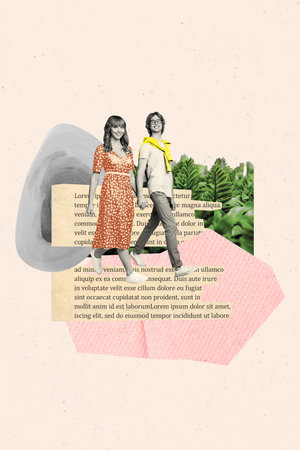 Vertical photo collage of two happy girl guy couple love story walk outside nature relationships feelings isolated on painted backgroundの写真素材
